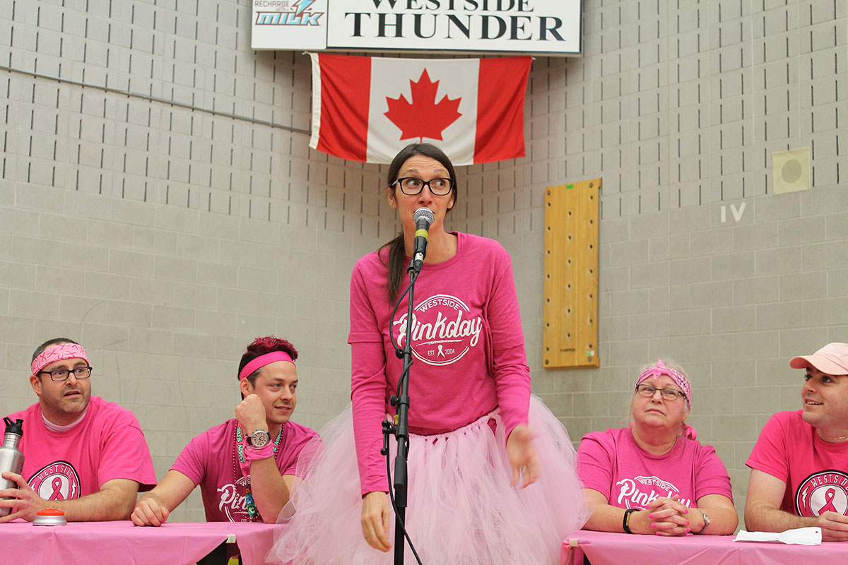 Teachers compete in a quiz-show game at Pink Day on Nov. 3, 2017.