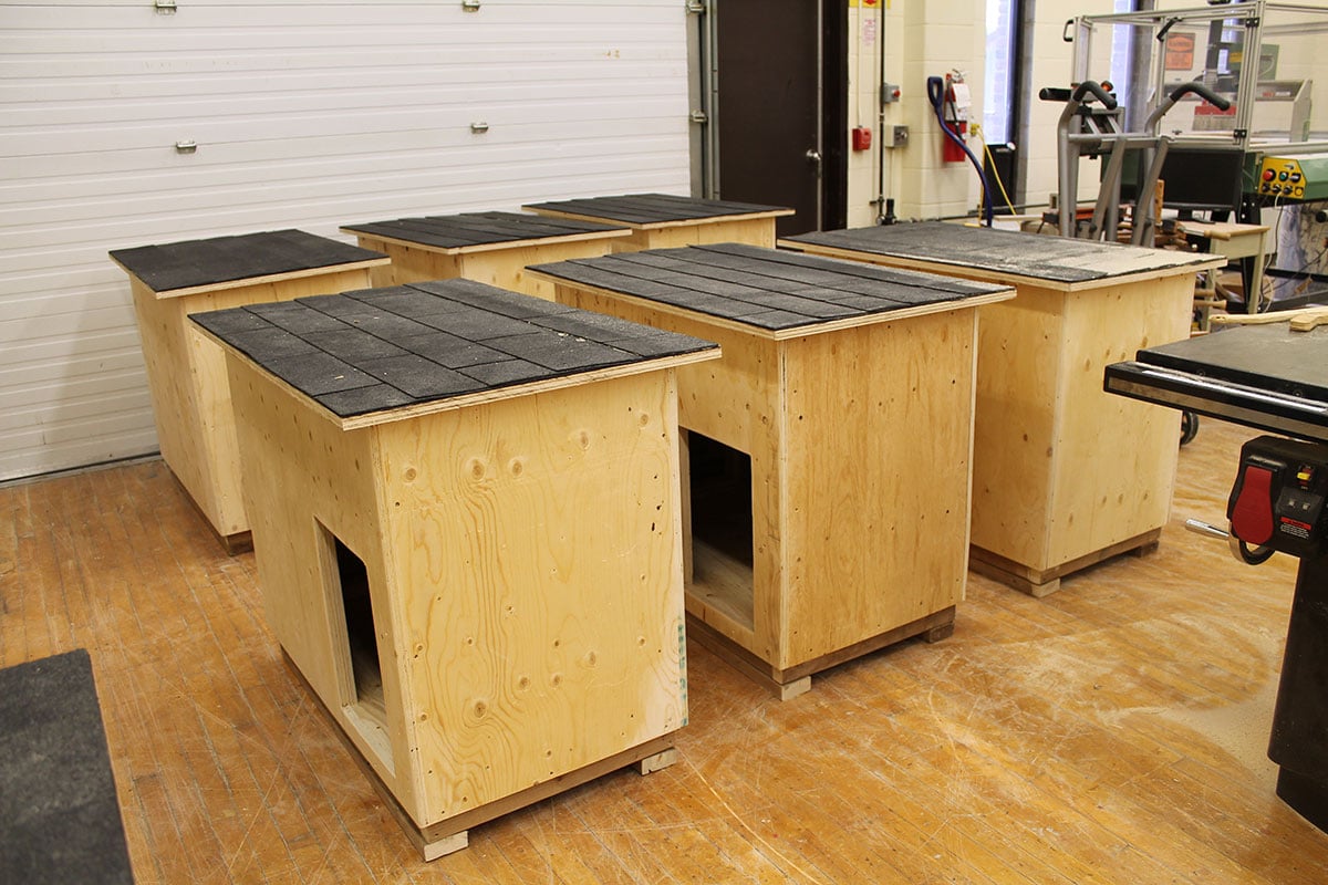 On Monday Feb. 5, 2018, 15 dog houses built by College Heights construction students were sent to Oneida Nation of the Thames.