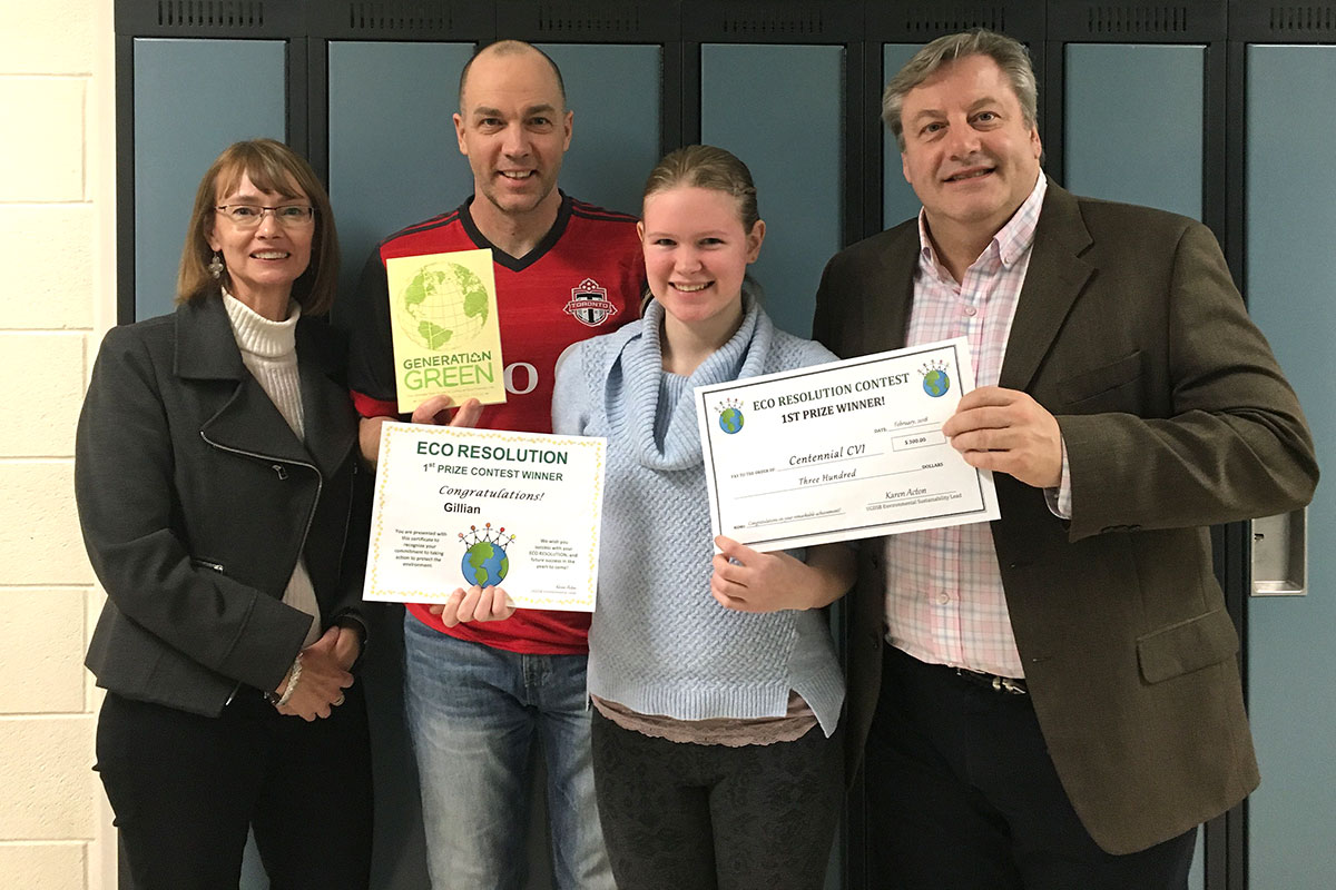 Staff and students at Centennial CVI celebrate their achievements in the 2018 Eco Resolution contest.