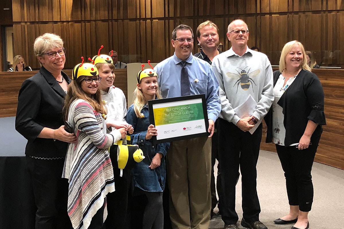 Staff and students from Kortright Hills PS were at Guelph City Hall on Monday Sept. 10, 2018, for the presentation of the city's official designation as a Bee City.