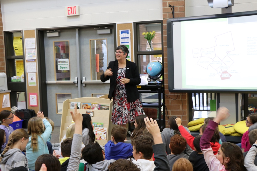 UGDSB Chair of the Board speaks to Kortright Hills PS students during Local Government Week
