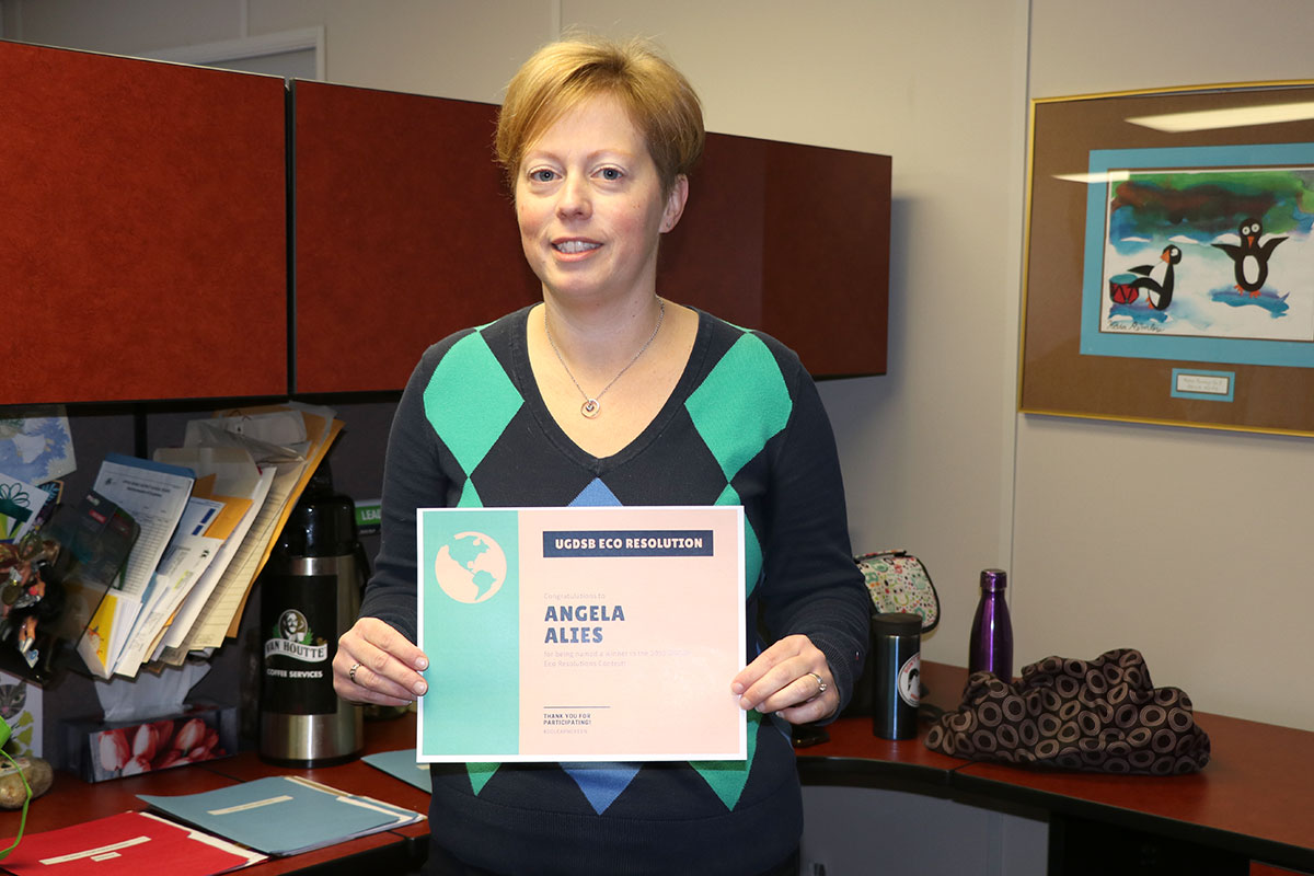 Guelph Board Office employee Angela Alies was named one of the winners of the 2020 Eco Resolutions Contest. 