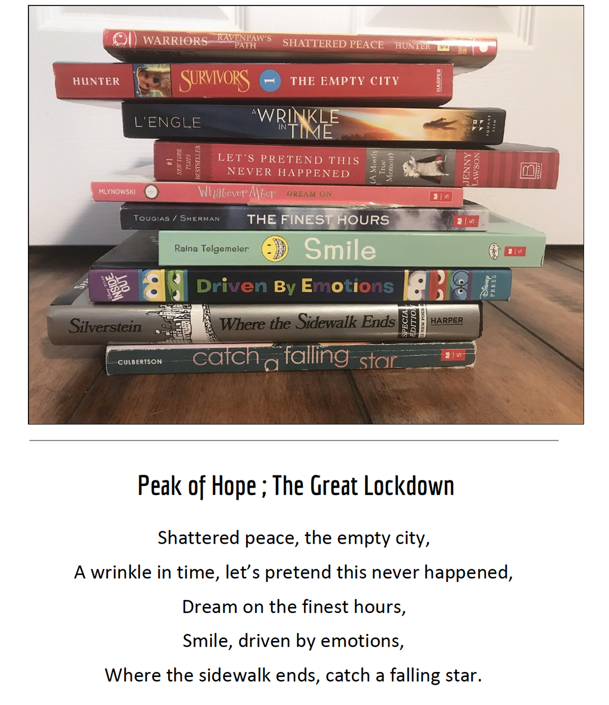 A picture of book spines and a poem.