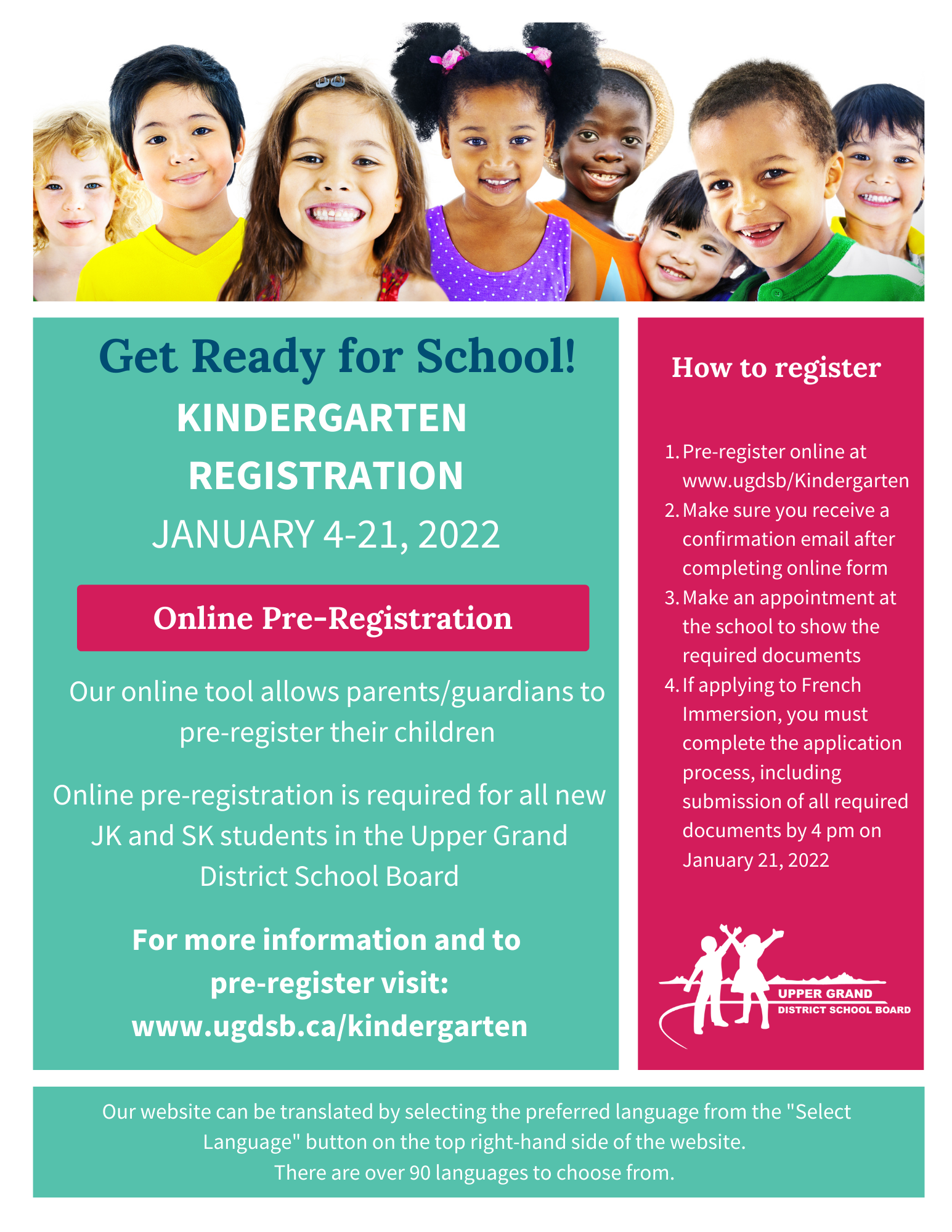 Poster containing information about UGDSB Kindergarten Registration for 2022-23.