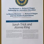 This photo features the Michener Fellowship Certificate awarded to Sarah Trick and Alanna King.