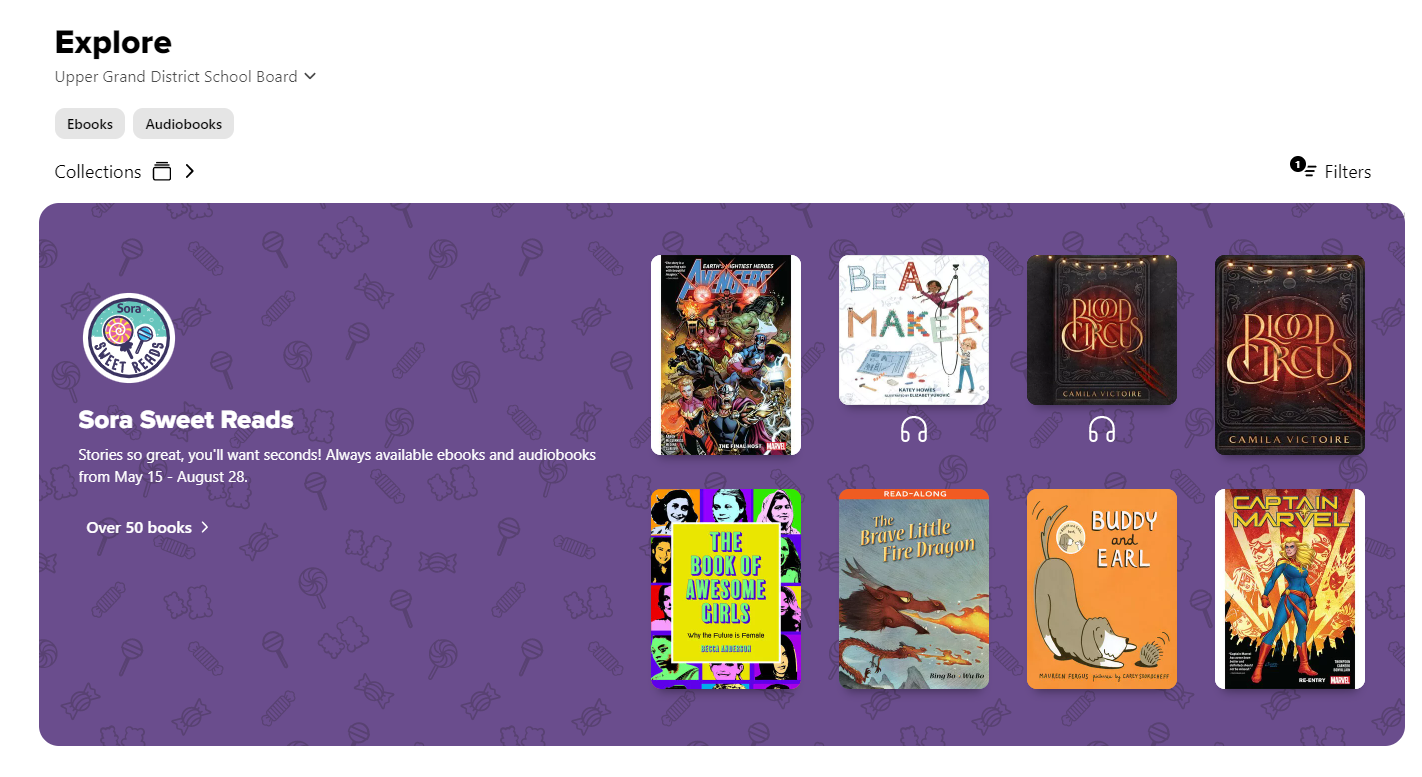 A screenshot of the Sora home page and some of the titles available for borrowing