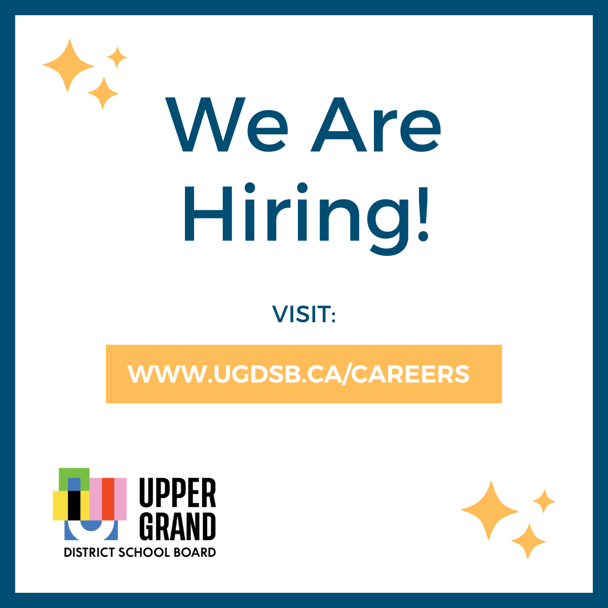 Image with graphics and text that reads "we are hiring. visit www.ugdsb.ca/careers"