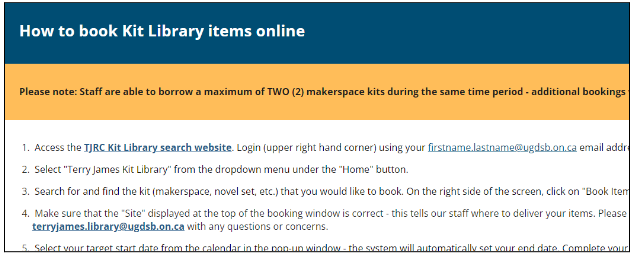 A graphic showing the how to section of the TJRC kit library reservation site.