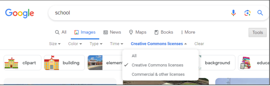 Google image showing how to filter which images you can use 
