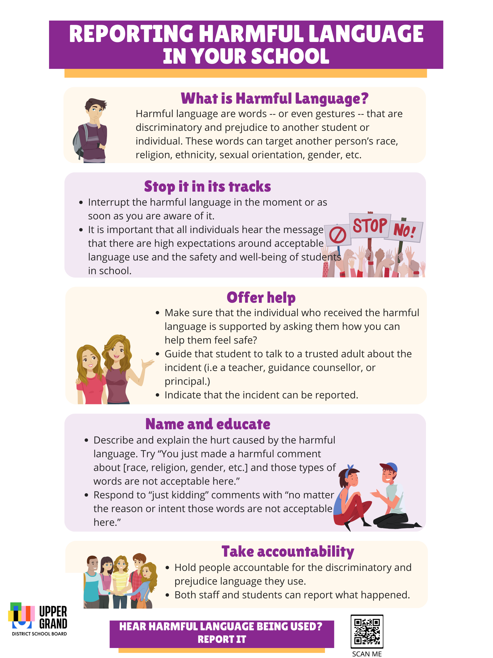 This photo features an infographic about reporting harmful language in schools.