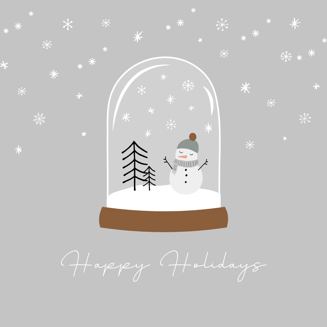 Illustration of a snow globe with a snowman and tree. 