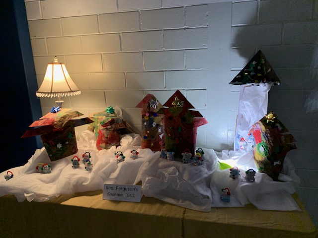 Image shows an art display of winter crafts made by students.